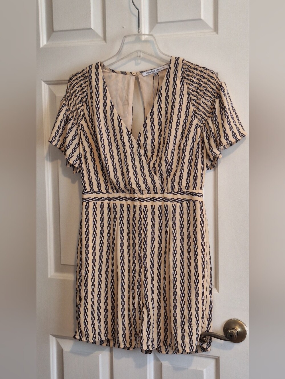 Collective Concepts Cream Shorts Romper Jumper with Navy Chain-Print Stripes